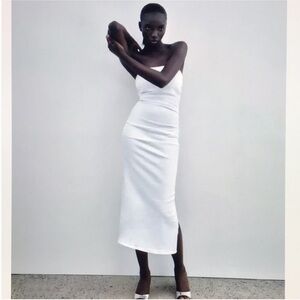 Zara Strapless Stretch White Denim Midi Dress Bodycon Large Like New
